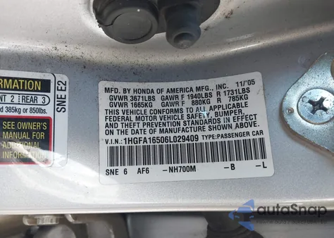 2006 Honda Civic Lx from USA, damaged, VIN 1HGFA16506L029409